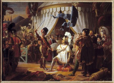 Franz I. von Frankreich bittet den Chevalier Bayard nach dem Sieg in der Schlacht von Marignano, Italien, 1515, zum Ritter geschlagen zu werden von Louis Ducis