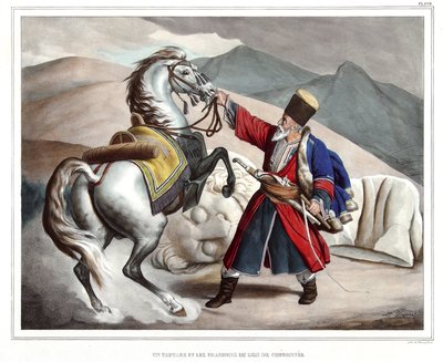 Ein Tartare und Fragmente des Löwen von Cheronnee. in "Reise nach Athen und Konstantinopel, oder Sammlung griechischer und osmanischer Porträts, Ansichten und Kostüme, vor Ort gemalt, lithographiert und koloriert von Louis Dupre (1789-1837), Schüler von Da von Louis Dupré