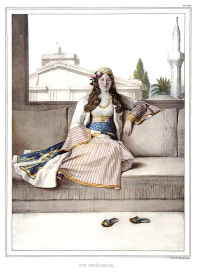 Ein Athener. in „Reise nach Athen und Konstantinopel, oder Sammlung griechischer und osmanischer Porträts, Ansichten und Kostüme, nach der Natur gemalt, lithographiert und koloriert von Louis Dupre (1789-1837), Schüler von David.1825. von Louis Dupré