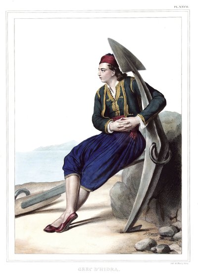 Grieche von Hidra. in "Reise nach Athen und Konstantinopel, oder Sammlung griechischer und osmanischer Porträts, Ansichten und Kostüme, vor Ort gemalt, lithographiert und koloriert von Louis Dupre (1789-1837), Schüler von David. 1825." von Louis Dupré