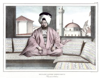 Mouhamet Ruscien Effendi Dervis, Vaivode von Athen. in „Reise nach Athen und Konstantinopel, oder Sammlung griechischer und osmanischer Porträts, Ansichten und Kostüme, nach der Natur gemalt, lithographiert und koloriert von Louis Dupre (1789-1837), Schüle von Louis Dupré