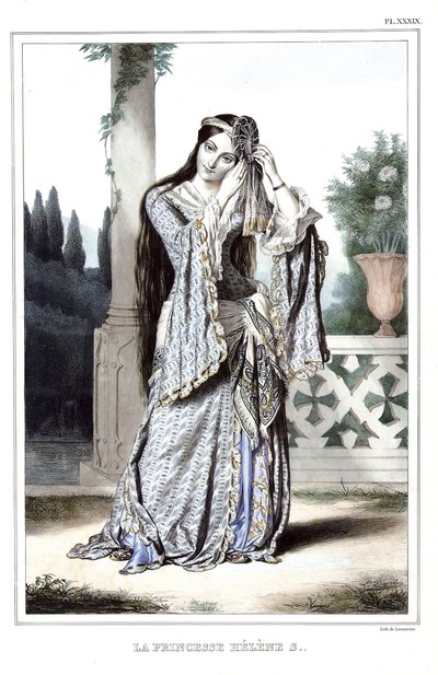 Prinzessin Helene Soutzo. in „Reise nach Athen und Konstantinopel, oder Sammlung griechischer und osmanischer Porträts, Ansichten und Kostüme, nach der Natur gemalt, lithographiert und koloriert von Louis Dupre (1789-1837), Schüler von David.1825. von Louis Dupré