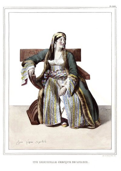 Eine griechische Dame aus Livadie. in „Reise nach Athen und Konstantinopel, oder Sammlung griechischer und osmanischer Porträts, Ansichten und Kostüme, vor Ort nach der Natur gemalt, lithografiert und koloriert von Louis Dupre (1789-1837), Schüler von Dav von Louis Dupré