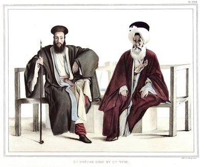 Ein griechischer Priester und ein Türke. in „Reise nach Athen und Konstantinopel, oder Sammlung griechischer und osmanischer Porträts, Ansichten und Kostüme, nach der Natur gemalt, lithographiert und koloriert von Louis Dupre (1789-1837), Schüler von David von Louis Dupré