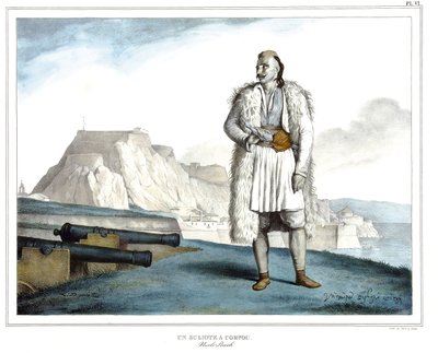 Ein Suliote auf Korfu, Nicolo Pervoli, in „Reise nach Athen und Konstantinopel, oder Sammlung griechischer und osmanischer Porträts, Ansichten und Kostüme, vor Ort nach der Natur gemalt, lithografiert und koloriert von Louis Dupre (1789-1837), Schüler von von Louis Dupré