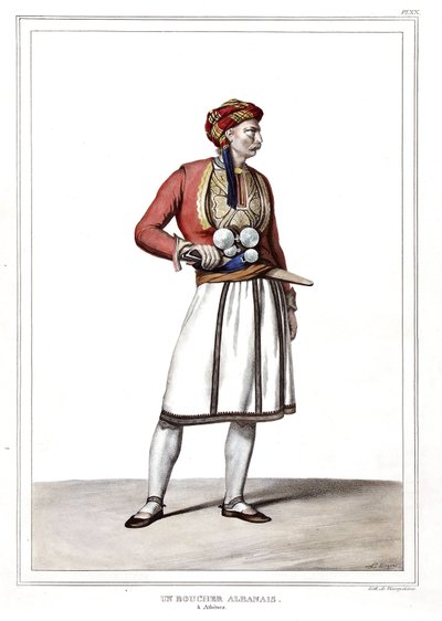 Ein albanischer Metzger in Athen. in „Reise nach Athen und Konstantinopel, oder Sammlung griechischer und osmanischer Porträts, Ansichten und Kostüme, nach der Natur gemalt, lithographiert und koloriert von Louis Dupre (1789-1837), Schüler von David.1825. von Louis Dupré