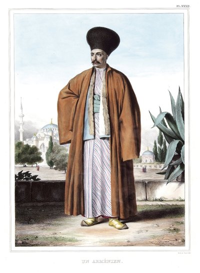 Ein Armenier. in „Reise nach Athen und Konstantinopel, oder Sammlung griechischer und osmanischer Porträts, Ansichten und Kostüme, nach der Natur gemalt, lithographiert und koloriert von Louis Dupre (1789-1837), Schüler von David.1825. von Louis Dupré
