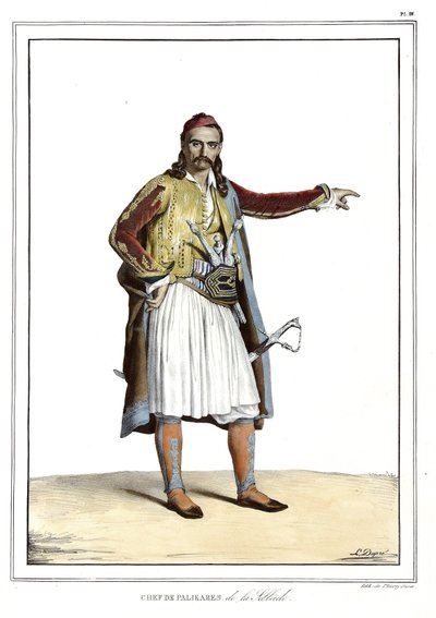 Chef der Palikares de la Scllade, in „Reise nach Athen und Konstantinopel, oder Sammlung griechischer und osmanischer Porträts, Ansichten und Kostüme, nach der Natur gemalt, lithografiert und koloriert von Louis Dupre (1789-1837), Schüler von David.1825. von Louis Dupré
