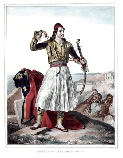 Demetrius Mavromichalis, griechischer Soldat und Patriot. in „Reise nach Athen und Konstantinopel, oder Sammlung griechischer und osmanischer Porträts, Ansichten und Kostüme, nach der Natur gemalt, lithografiert und koloriert von Louis Dupre (1789-1837), S von Louis Dupré