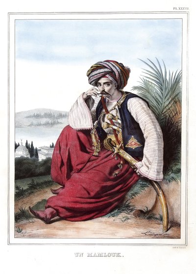 Ein Mamluk. in „Reise nach Athen und Konstantinopel, oder Sammlung griechischer und osmanischer Porträts, Ansichten und Kostüme, nach der Natur gemalt, lithografiert und koloriert von Louis Dupre (1789-1837), Schüler von David.1825. von Louis Dupré
