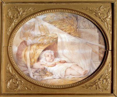 Porträt des Königs von Rom als Baby (1811-1832) im Helm des Mars Napoleon II., Herzog von Reichstadt, Sohn von Kaiser Napoleon I. (1769-1821) Neugeborenes. Schwarzer Stein und beige Lava Papier von Eugene Isabey (1803-1886) März 1811 von Louis Eugene Gabriel Isabey