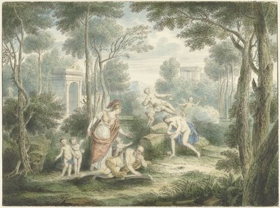 Arkadische Landschaft mit Athene, die einen alten Mann krönt, und Venus und Adonis von Louis Fabritius Dubourg