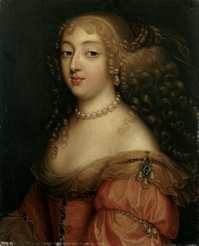 Porträt einer Dame, gesagt Laura Mancini, Herzogin von Mercoeur, Brustlänge, in einem roten Kleid, mit einer Perlenkette und Ohrringen von Louis Ferdinand Elle