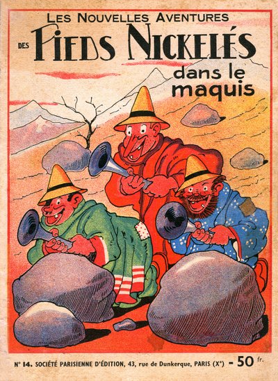 Titelbild eines Comic-Albums von Louis Forton: Les Pieds Nickeles dans le maquis (Ausgabe 1949 des Bandes 14 der Abenteuer des Trios). Croquignol, Ribouldingue und Filochard auf Korsika. von Louis Forton