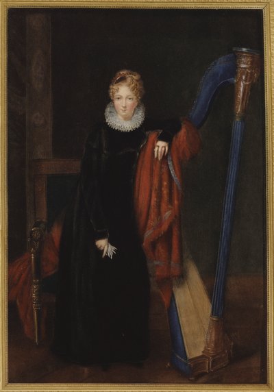 Porträt einer Dame mit einer Harfe von Louis Francois Aubry