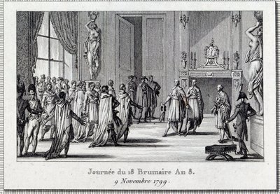 Konsulat: „Napoleon Bonaparte (1769-1821) bei der Sitzung von Saint Cloud am 18. Brumaire (9.11.1799)“ Der Staatsstreich des 18. Brumaire von Napoleon Bonaparte im Rat der Fünfhundert (Raum der 500), geschützt von Grenadieren, beendet die D von Louis Francois Couche