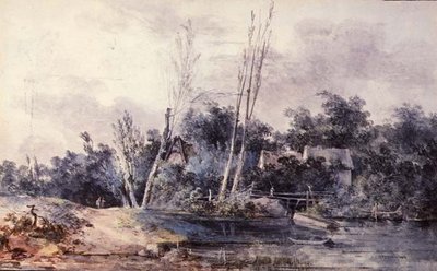 Hütten und Weiden an einem Bach mit Figuren von Louis Gabriel Moreau