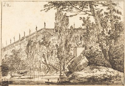 Park mit Terrasse und einer Balustrade mit Statuen von Louis Gabriel Moreau the Elder