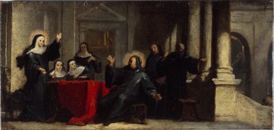 Die heilige Scholastika erlangt Regen und Donner vom Himmel, um den heiligen Benedikt daran zu hindern, sie zu verlassen. Skizze für das Gemälde im Refektorium der Abtei Saint-Martin-des-Champs, um 1706 von Louis Galloche