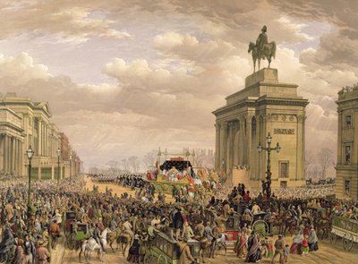 Beerdigung des Herzogs von Wellington, der Leichenwagen passiert den Torbogen am Apsley House, 18. November 1852, graviert von Thomas Picken, veröffentlicht von Ackermann und Day, 1853 von Louis Haghe