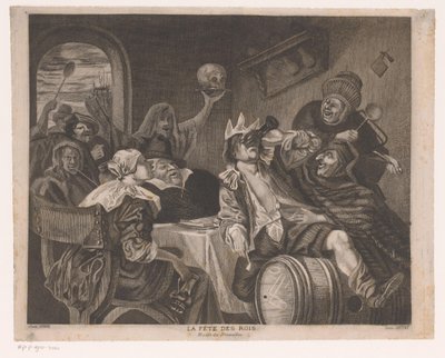 Feiernde Gesellschaft mit einem trinkenden Mann mit Krone von Louis Jaugey
