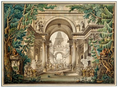 Prozession in einem Tempel. Bühnenbild für ein Theaterstück, 18. oder frühes 19. Jahrhundert von Louis Jean Desprez