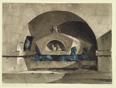 Grabmal im ägyptischen Stil mit Sphinxen und einer Eule von Louis Jean Desprez