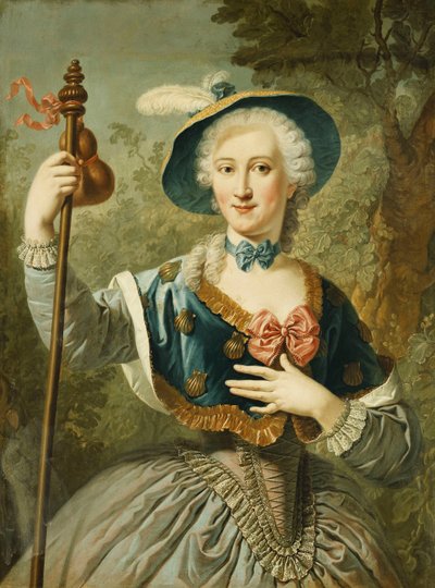 Porträt einer Dame, dreiviertellang, als Pilgerin gekleidet und mit einem blau gefütterten Strohhut und Feder, 1747 von Louis Jean François Lagrenée