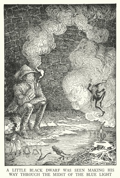 Ein kleiner schwarzer Zwerg wurde gesehen, wie er sich durch das blaue Licht bewegte von Louis John Rhead