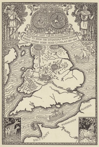 Eine Karte zur Darstellung der Lage der königlichen Jagdwälder, in denen Robin Hood lebte, 1160-1247 n. Chr. von Louis John Rhead