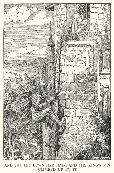 Und sie ließ ihr Haar herunter, und der Königssohn kletterte daran hinauf (Lithografie) von Louis John Rhead
