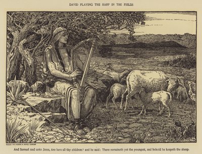 David spielt die Harfe auf den Feldern von Louis John Rhead