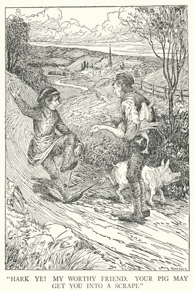 "Hört zu! Mein würdiger Freund, Ihr Schwein könnte Ihnen Ärger bereiten" (Lithografie) von Louis John Rhead