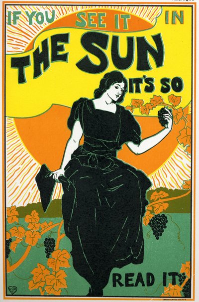 Literatur. The Sun, Zeitung. Plakat von Louis Rhead, USA, ca. 1890 (Plakat) von Louis John Rhead
