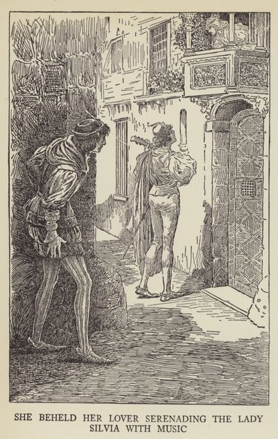 Sie sah ihren Liebhaber, wie er der Dame Silvia ein Ständchen brachte von Louis John Rhead
