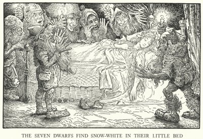 Die sieben Zwerge finden Schneewittchen in ihrem kleinen Bett (Lithografie) von Louis John Rhead