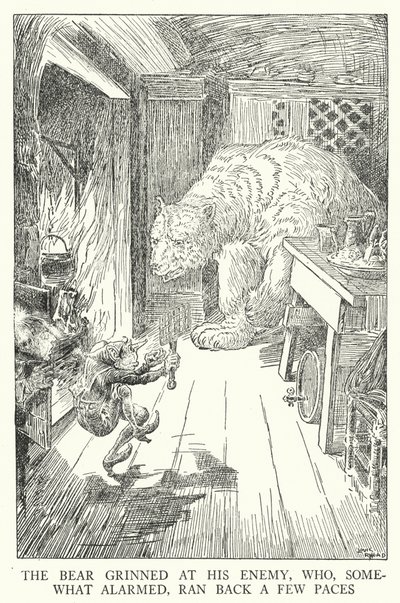 Der Bär grinste seinen Feind an, der etwas erschrocken ein paar Schritte zurückwich (Lithografie) von Louis John Rhead