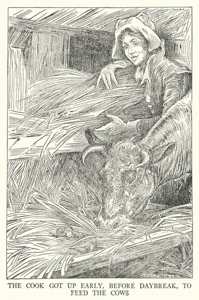 Der Koch stand früh auf, vor Tagesanbruch, um die Kühe zu füttern (Lithografie) von Louis John Rhead
