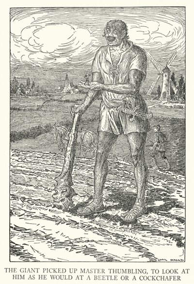 Der Riese hob Meister Däumling auf, um ihn wie einen Käfer oder Maikäfer zu betrachten (Lithografie) von Louis John Rhead