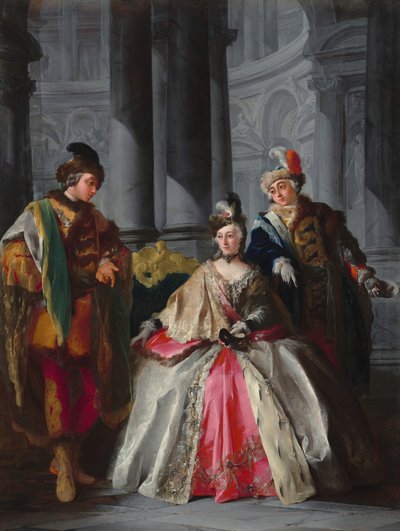 Drei Figuren in Maskeradekleidung, um 1740er von Louis Joseph Le Lorrain