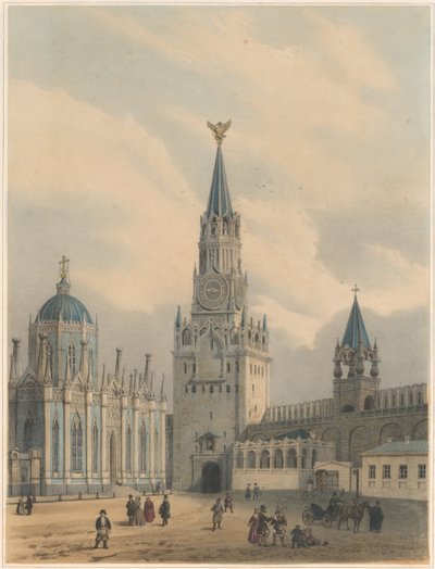 Der Spasskaja-Turm Erlösertor und die St.-Katharinen-Kirche des Himmelfahrtsklosters im Moskauer Kreml von Louis Jules Arnout