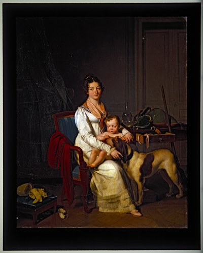 Eine junge Dame mit einem Kind und einem Hund in einem Innenraum von Louis Leopold Boilly