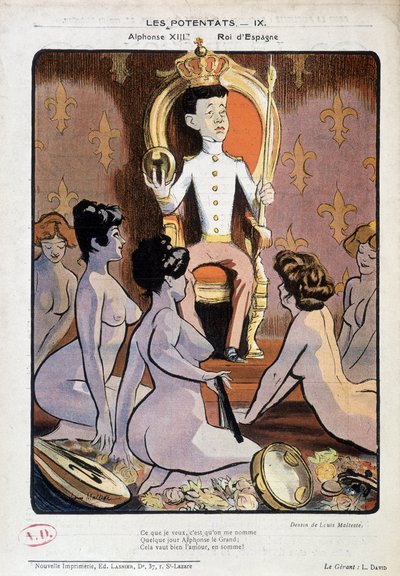 Porträt von Alfonso XIII., König von Spanien, auf seinem Thron und umgeben von nackten Frauen - Zeichnung von Louis Malteste, in „La Vie en Rose“ 21/9/1902 von Louis Malteste
