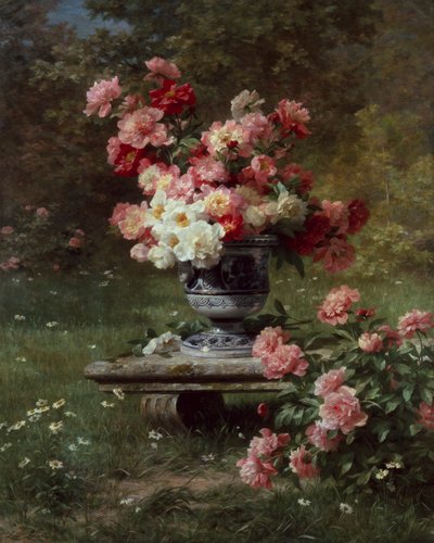 Pfingstrosen in einer Urne im Garten von Louis Marie Lemaire