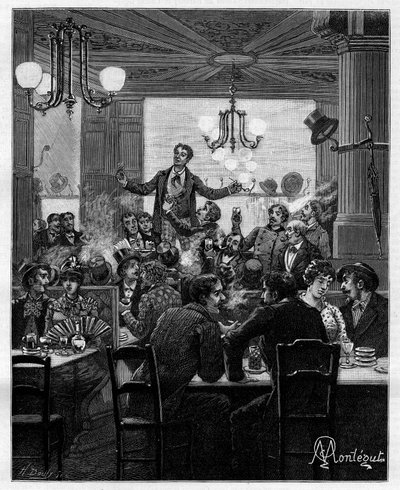In der Mitte, auf einem Tisch, führt Desroches den Charivari an. Szene in einem Pariser Café: Menschen singen, trinken, rauchen, plaudern und flirten an Tischen. In „Trente ans de Paris“, autobiografische Sammlung von Alphonse Daudet (1840-1897). Gravur na von Louis Montegut