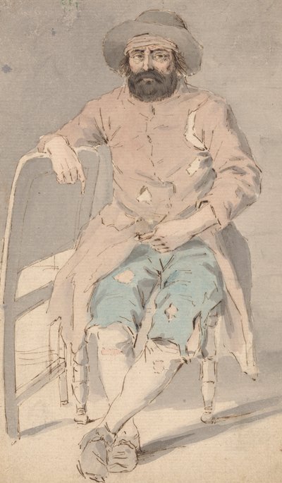 Mann in zerlumpter Kleidung, der mit dem rechten Arm über einem anderen Stuhl sitzt von Louis Philippe Boitard