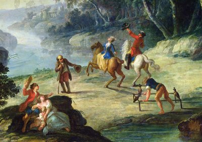 Eine Jagd mit Falken, Detail eines Reiters und eines Falkners (Detail) von Louis Philippe Crepin