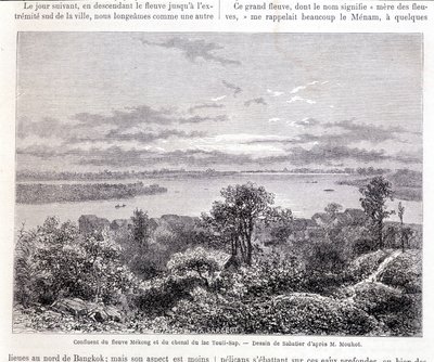 Zusammenfluss des Mekong-Flusses und des Touli-Sees - Zeichnung von Sabatier nach Mr. Mouhot. „Tour du monde“ von Louis Remy Sabatier