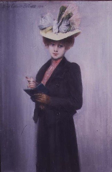 Eine elegante Dame mit einem blauen Notizbuch von Louis Robert Carrier Belleuse