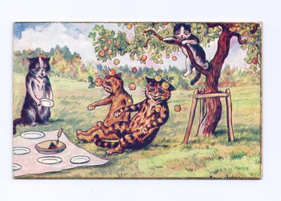 Viktorianische Grußkarte von Äpfeln, die auf zwei Katzen bei einem Picknick fallen, ca. 1880 von Louis Wain